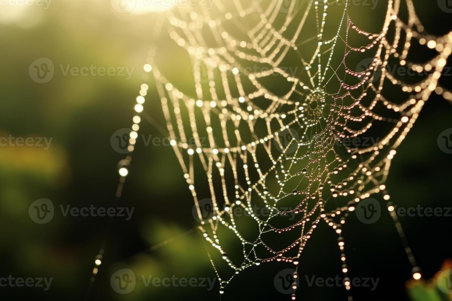 AI generated A close up of a spiderweb glistening with morning dew, showcasing intricate survival skills. Generative AI photo