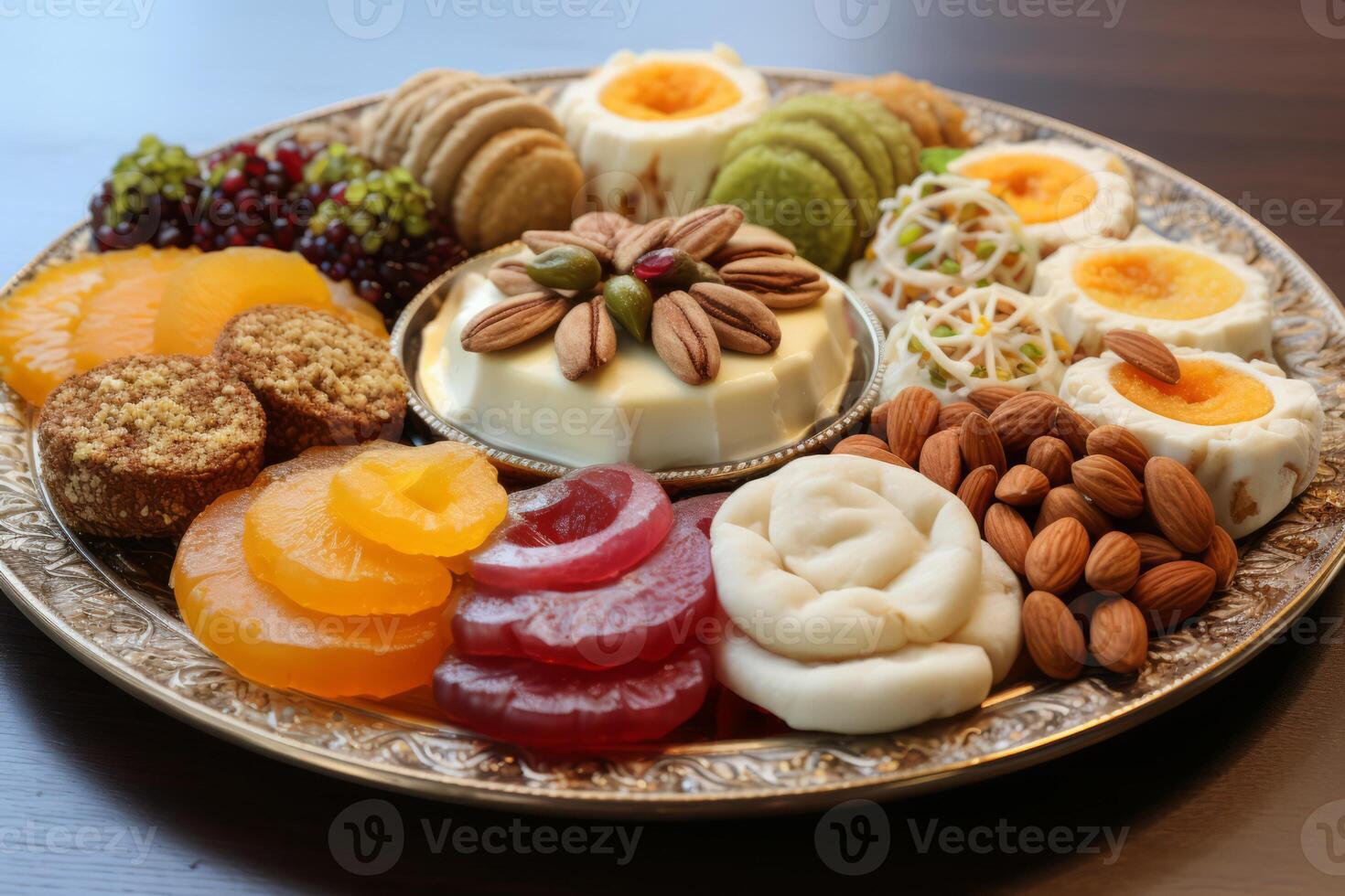 AI generated A traditional Eid Al-Fitr dessert platter. Generative AI photo