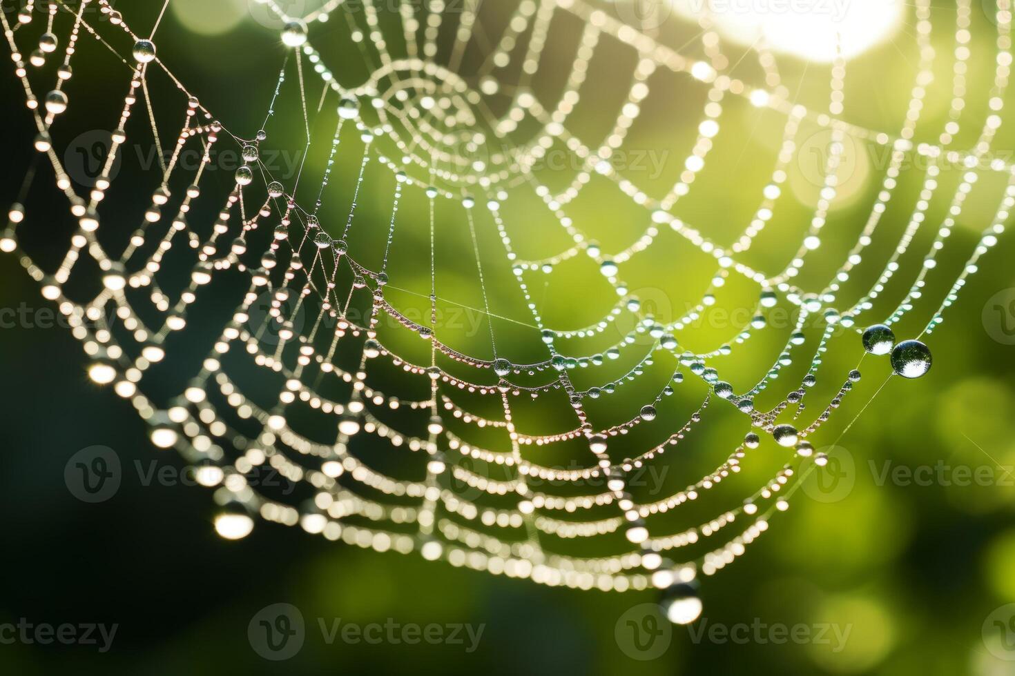 AI generated A close up reflection of a dew covered spiderweb in the morning light. Generative AI photo