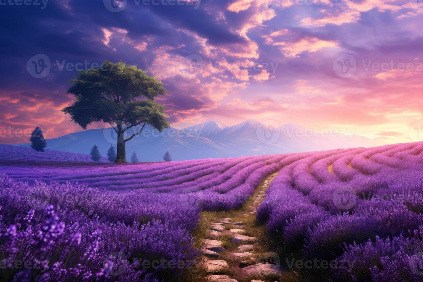 AI generated A tranquil road through a lavender field, exuding a soothing vibe. Generative AI photo