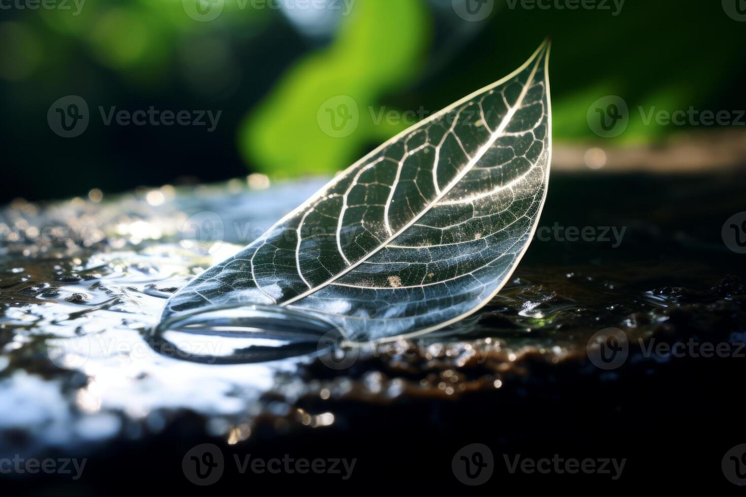 AI generated An organic image of quicksilver on a natural leaf, showcasing its reflective properties. Generative AI photo