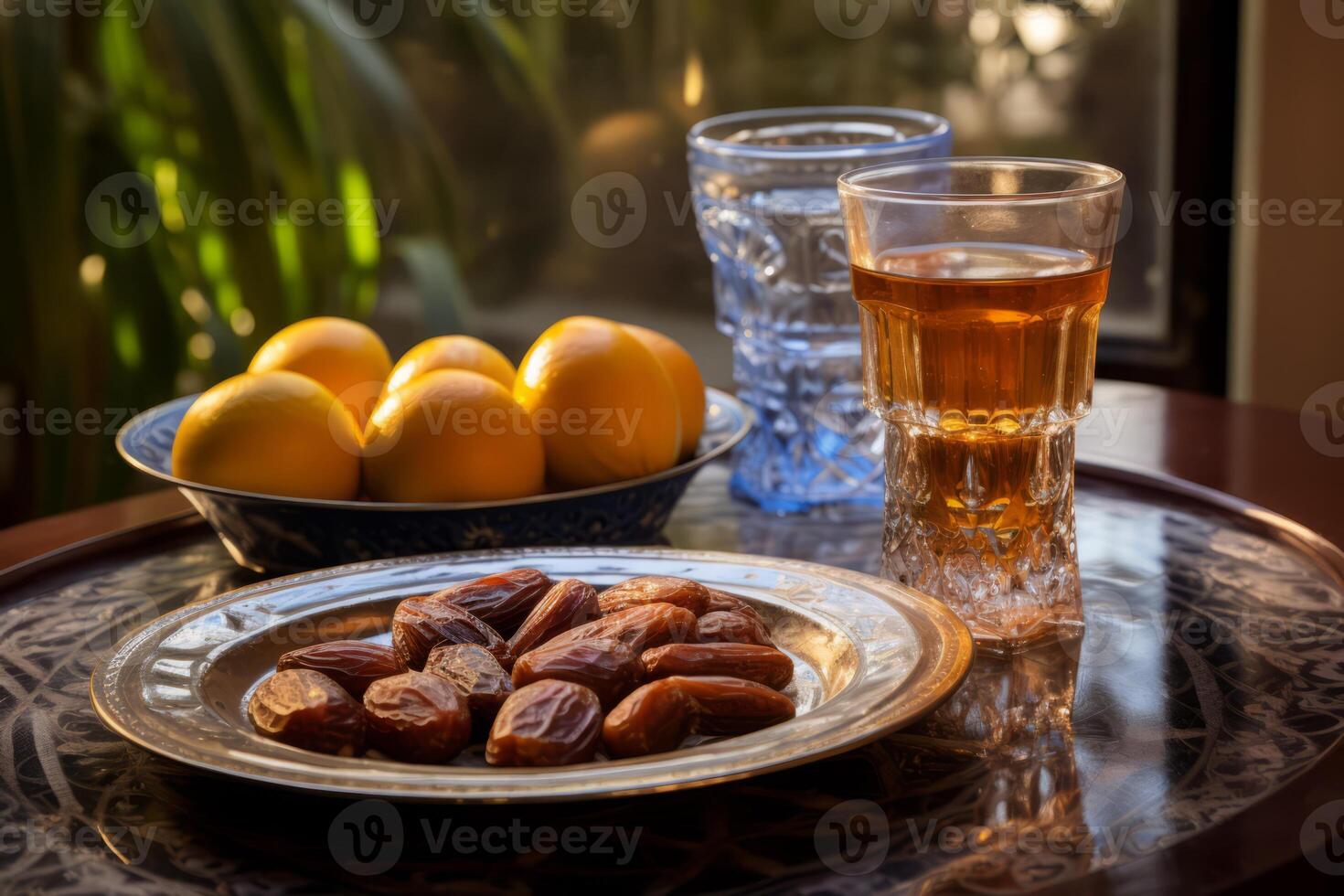 AI generated A plate of dates and water, traditional for breaking the fast. Generative AI photo