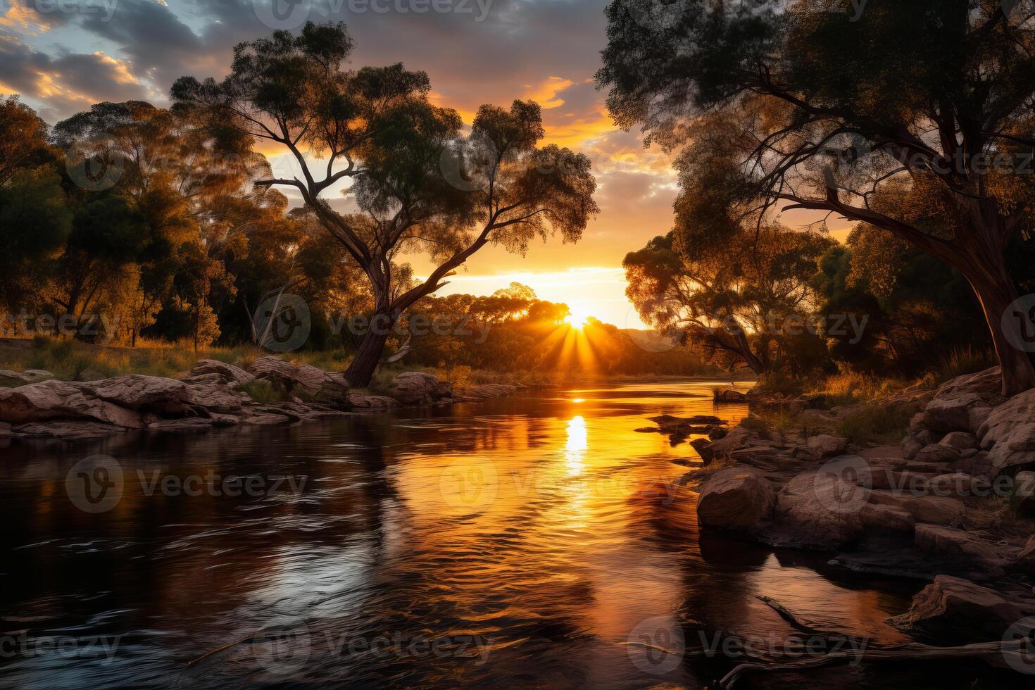 AI generated The serenity of a river at golden hour. Generative AI photo