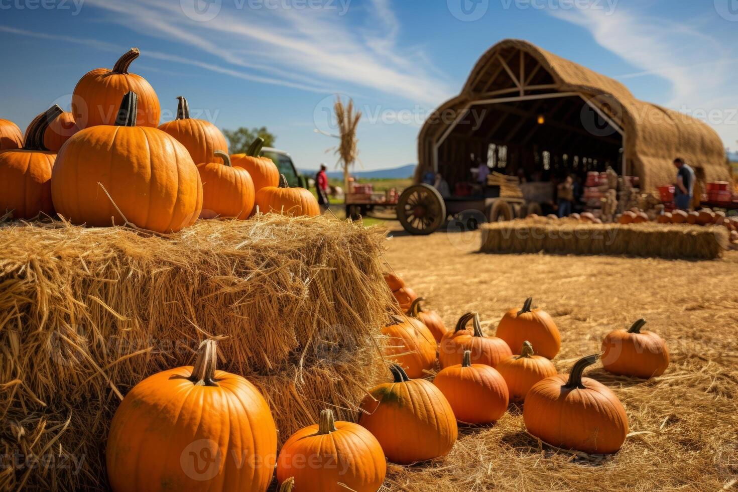 AI generated Pumpkins and hay bales at a country fair. Generative AI photo