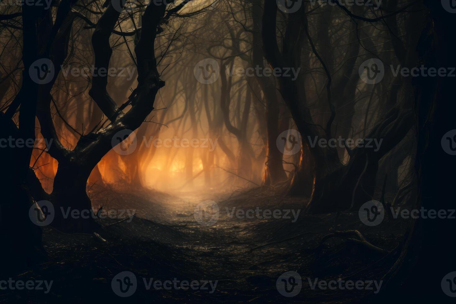 AI generated Foggy forest with glowing light. Generative AI photo