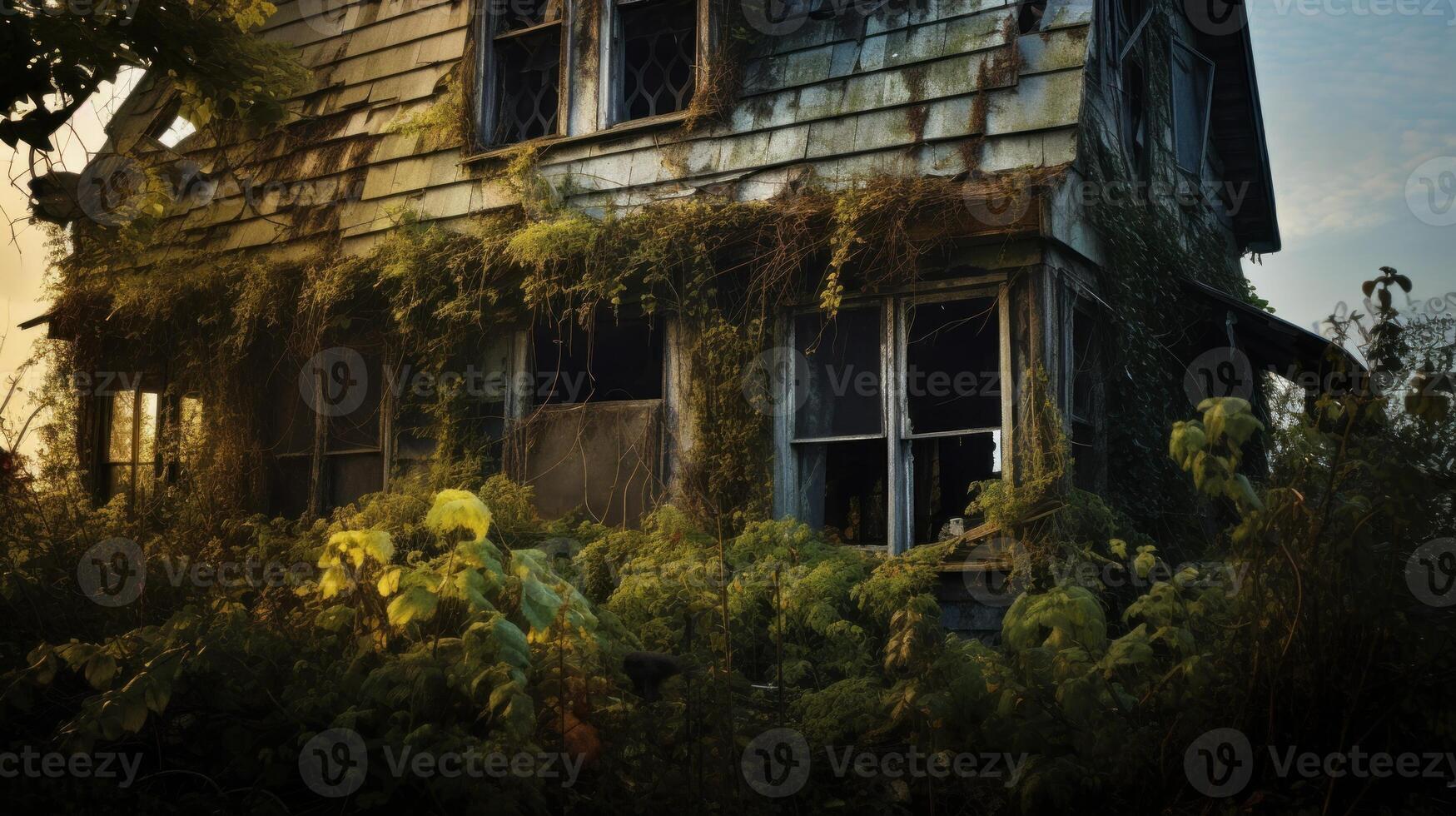 AI generated Abandoned and dilapidated haunted house with broken windows and overgrown vegetation, representing a spooky Halloween location photo