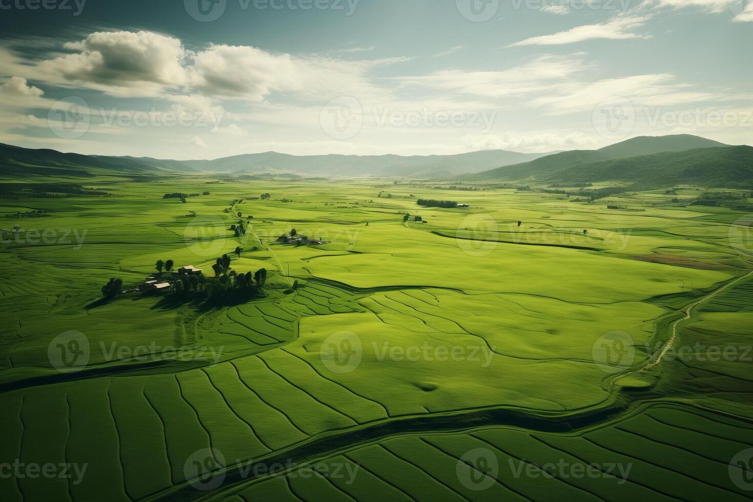 AI generated Drone view of lush green farmland. Generative AI photo