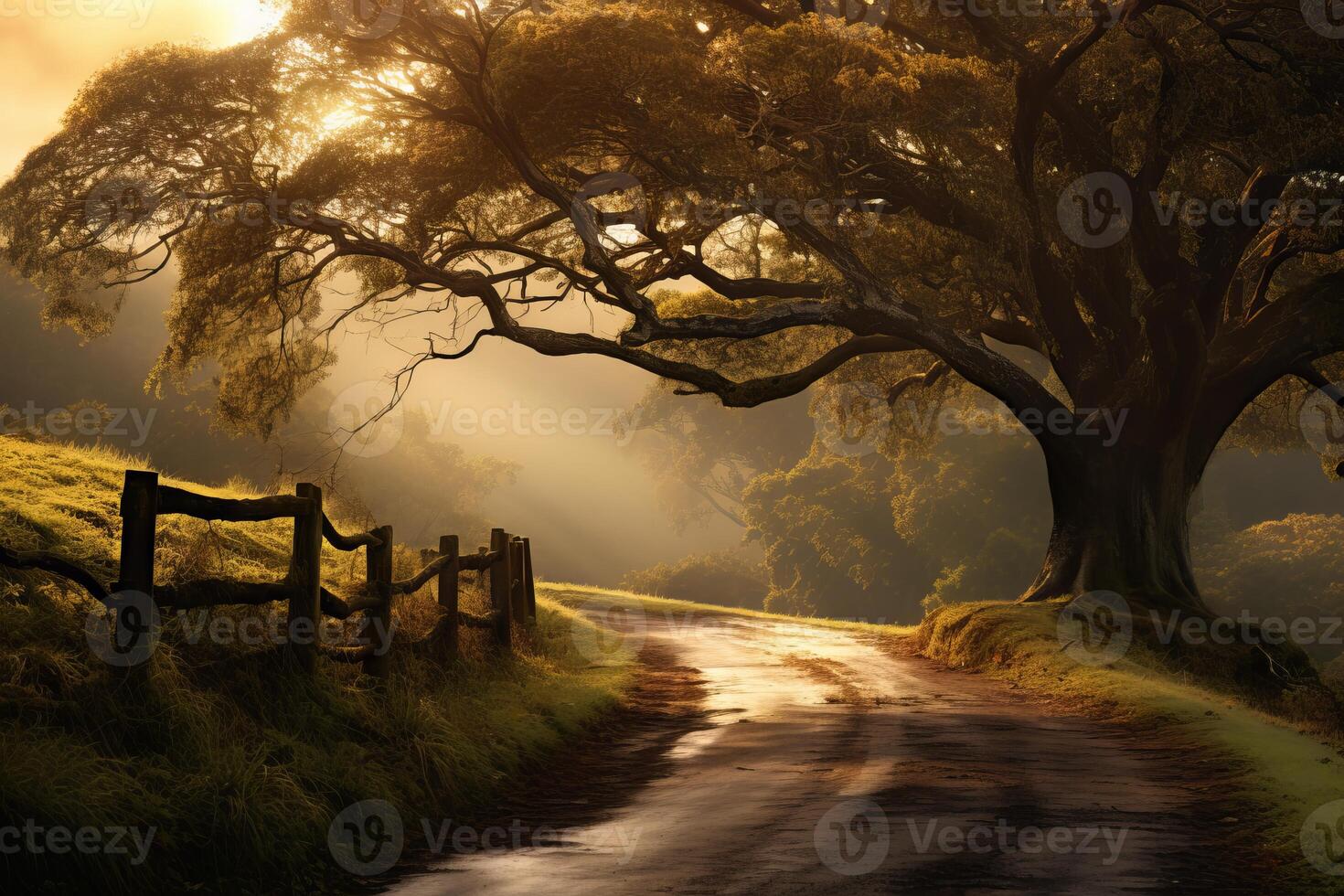 AI generated The golden light on a country road. Generative AI photo