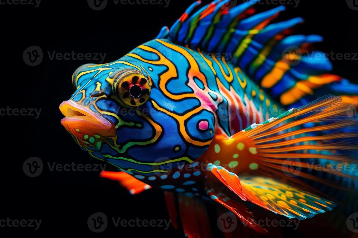 AI generated A close-up of a vibrant Mandarin fish with striking colors. Generative AI photo