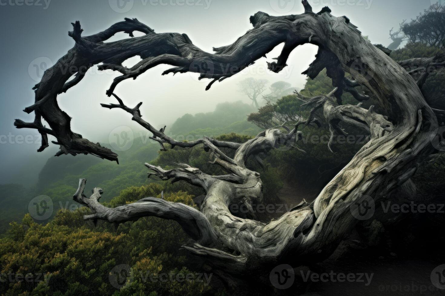 AI generated An offbeat perspective of a twisted tree branch, hinting at nature's mysteries. Generative AI photo