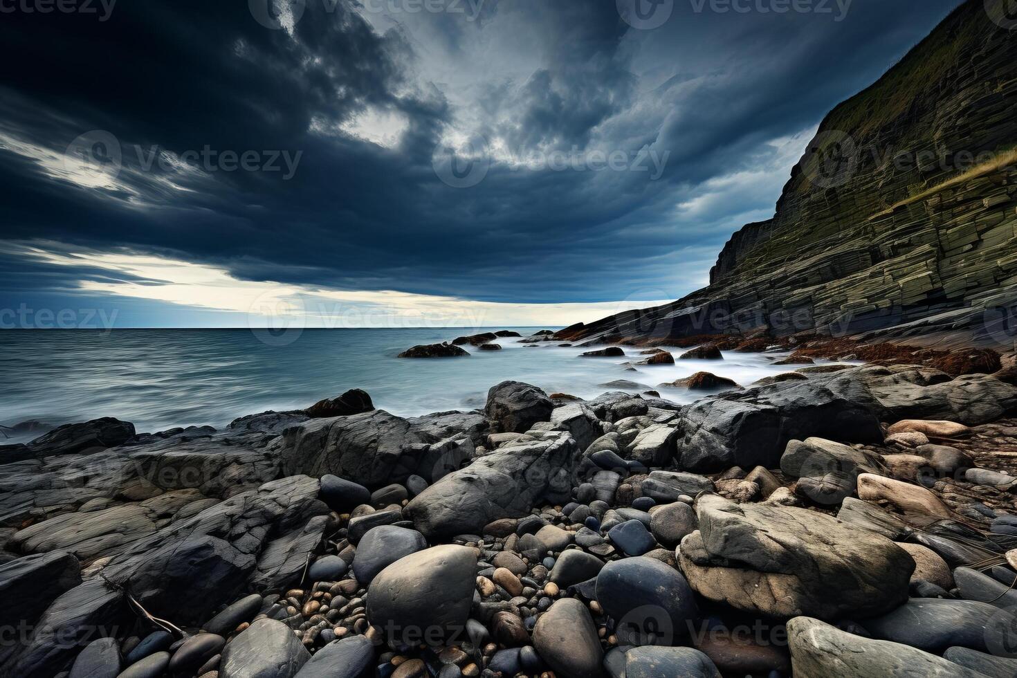 AI generated Rocky shoreline meeting the sea with dramatic clouds overhead. Generative AI photo