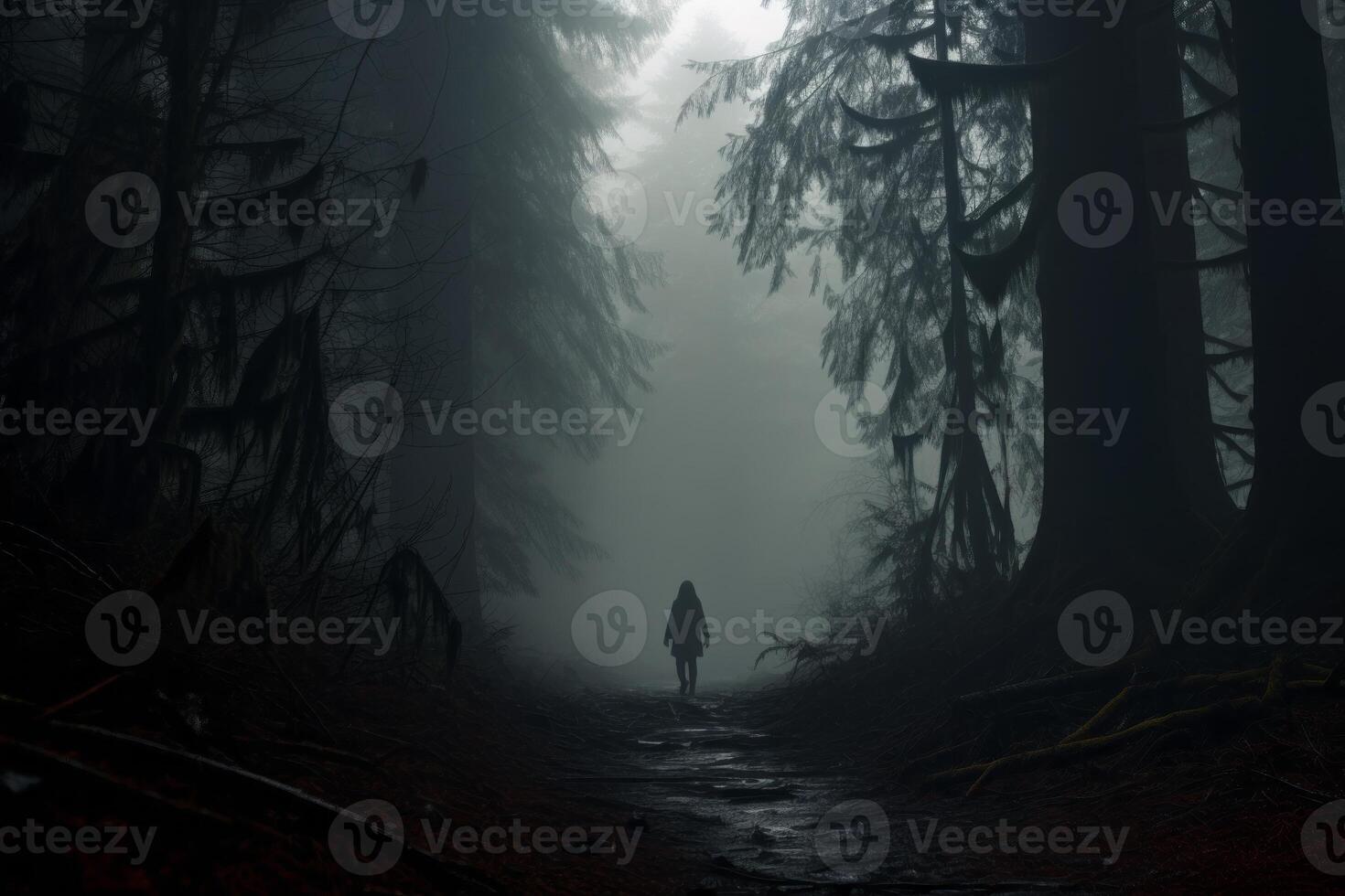 AI generated A solitary figure walking in a foggy forest, illustrating the feeling of being lost. Generative AI photo