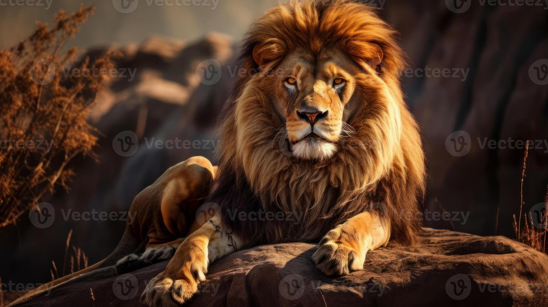 AI generated A lion sitting on top of a rock. Generative AI photo