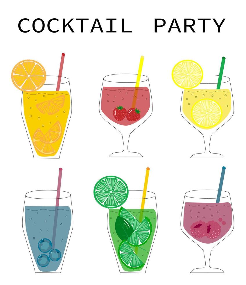 Set of cocktails. Illustration of fruit drinks in glasses. Banner with soft and alcoholic drinks, summer cocktails. vector