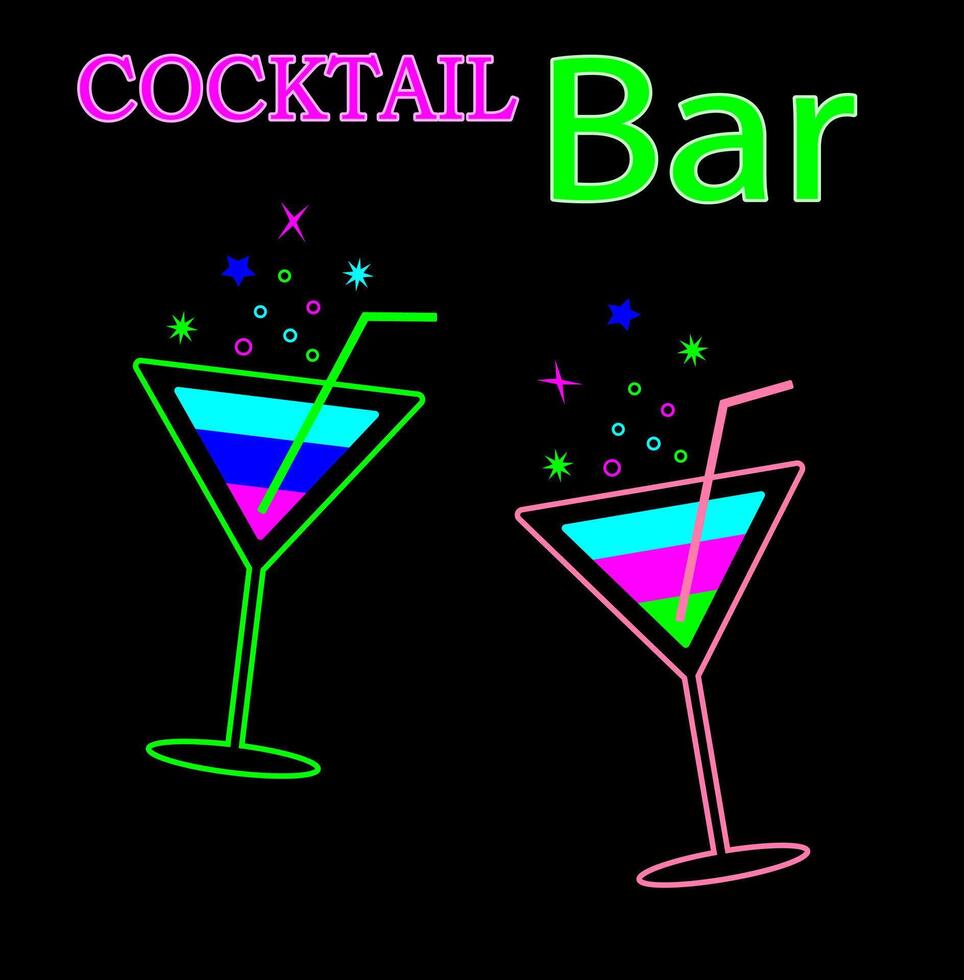 A set of cocktails and drinks in different glasses according to the menu. Alcoholic drinks. Vector illustration.