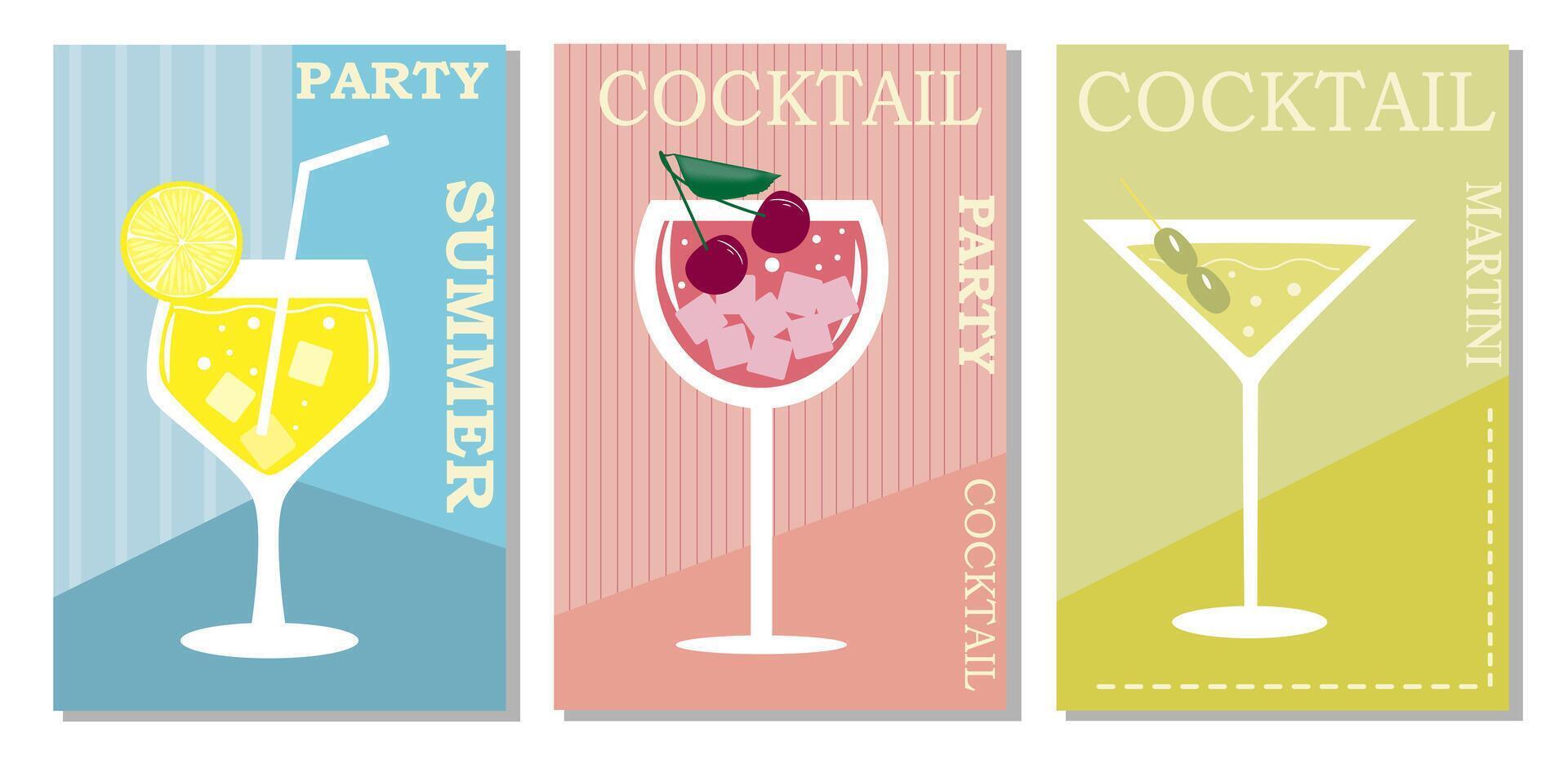 un conjunto de cócteles y bebidas en diferente lentes según a el menú. alcohólico bebidas vector ilustración.