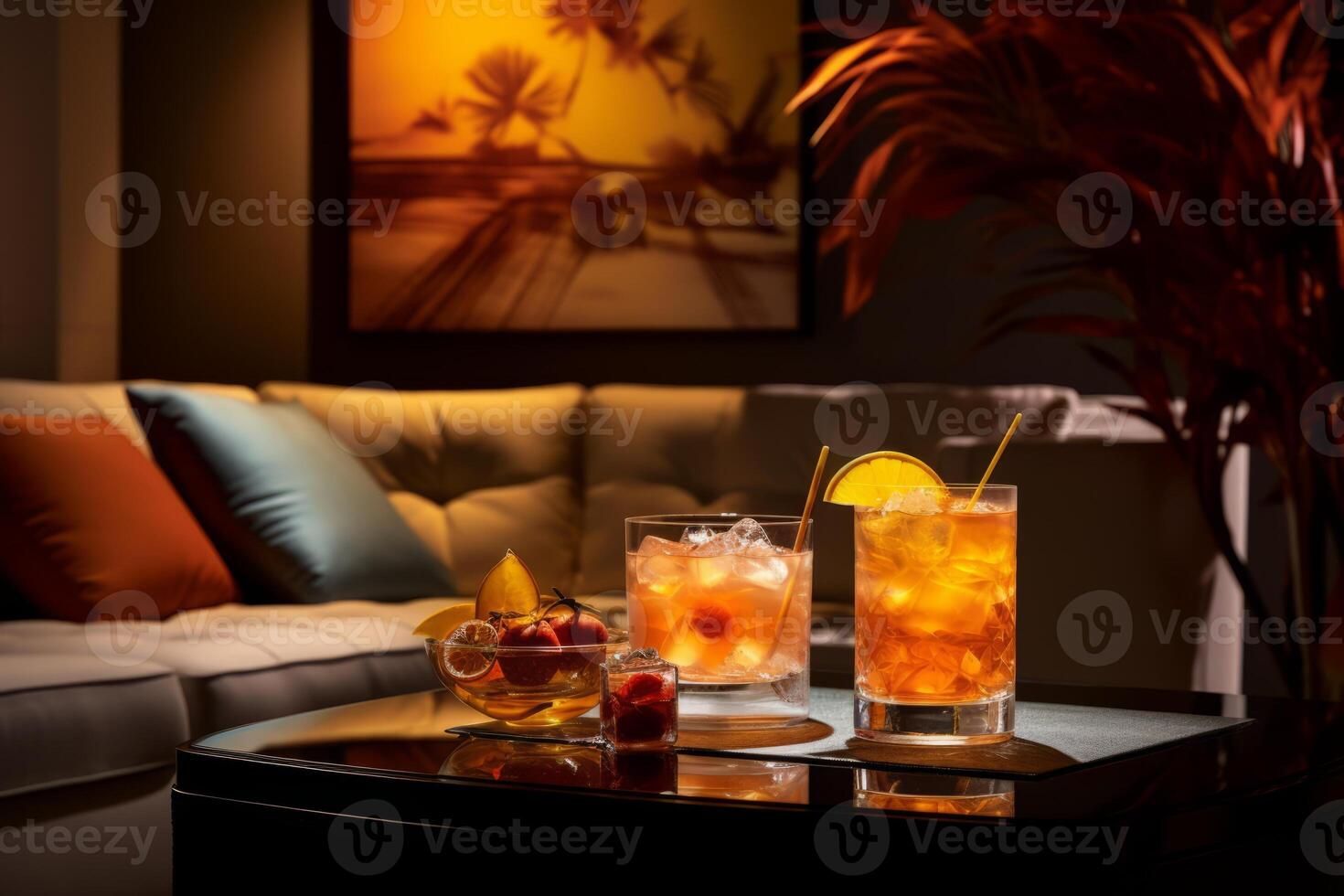AI generated A stylish shot of a modern cocktail lounge featuring an elegant rum punch presentation, an embodiment of sophistication. Generative AI photo