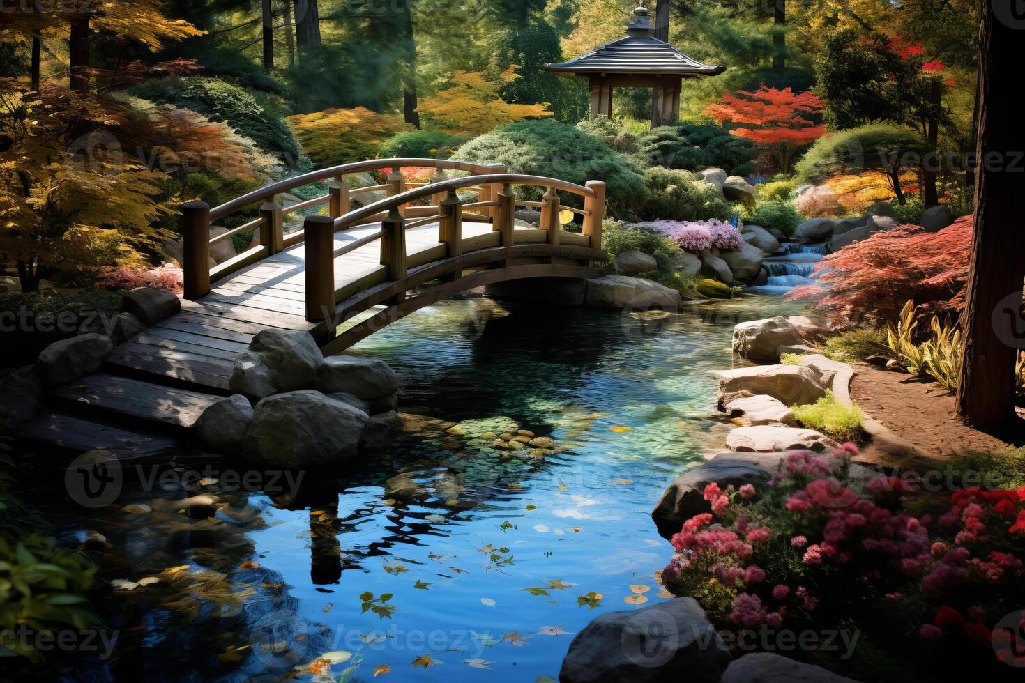 AI generated A tranquil garden bridge over the crystal clear waters of a stream. Generative AI photo