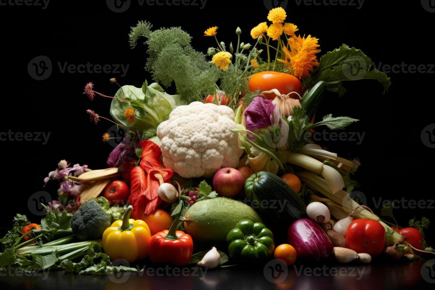 AI generated An artful arrangement of fresh, seasonal vegetables. Generative AI photo