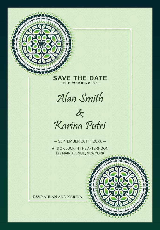 green wedding invitations mandala style vector