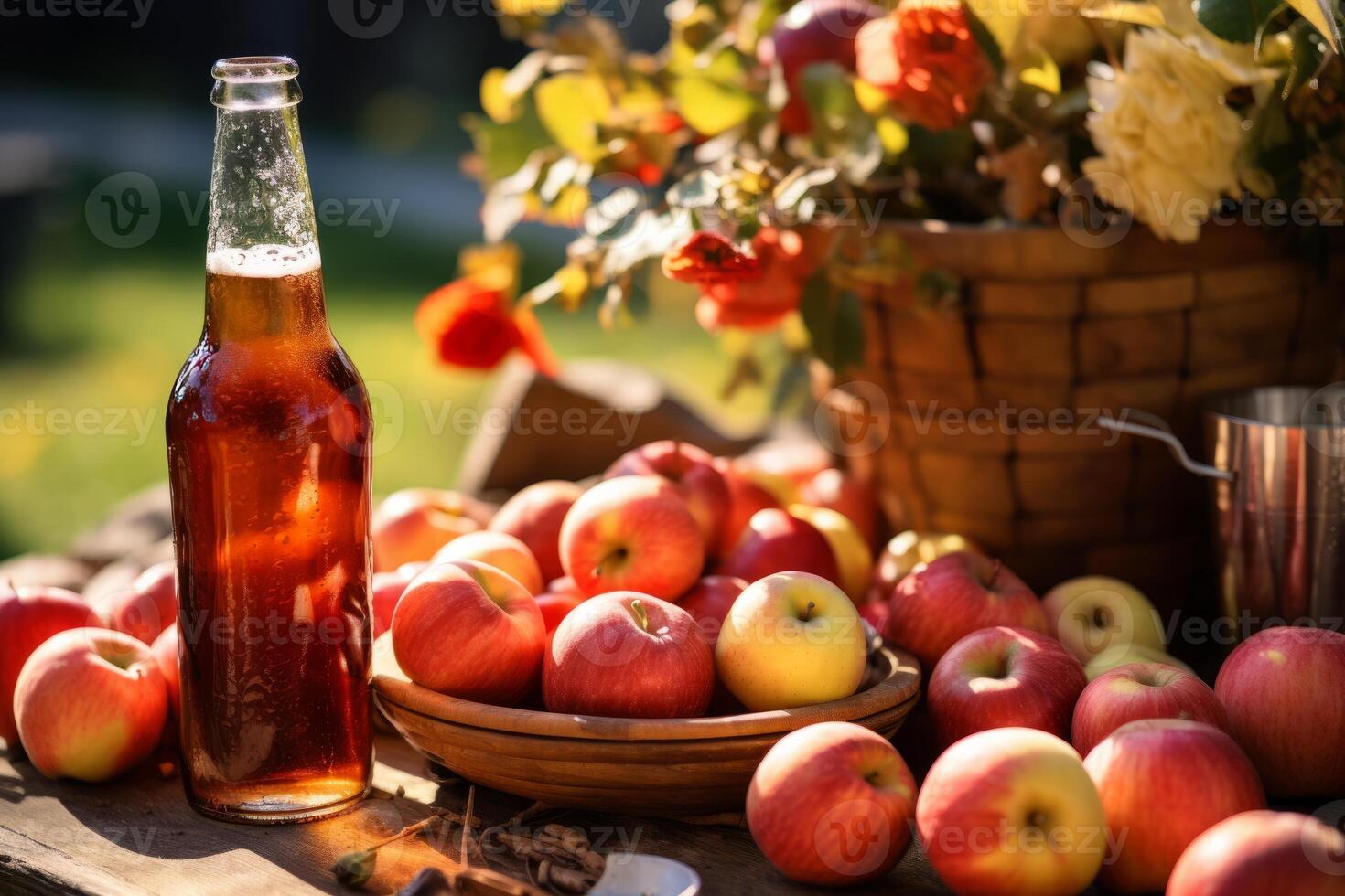 AI generated Apples and cider at an autumn festival. Generative AI photo
