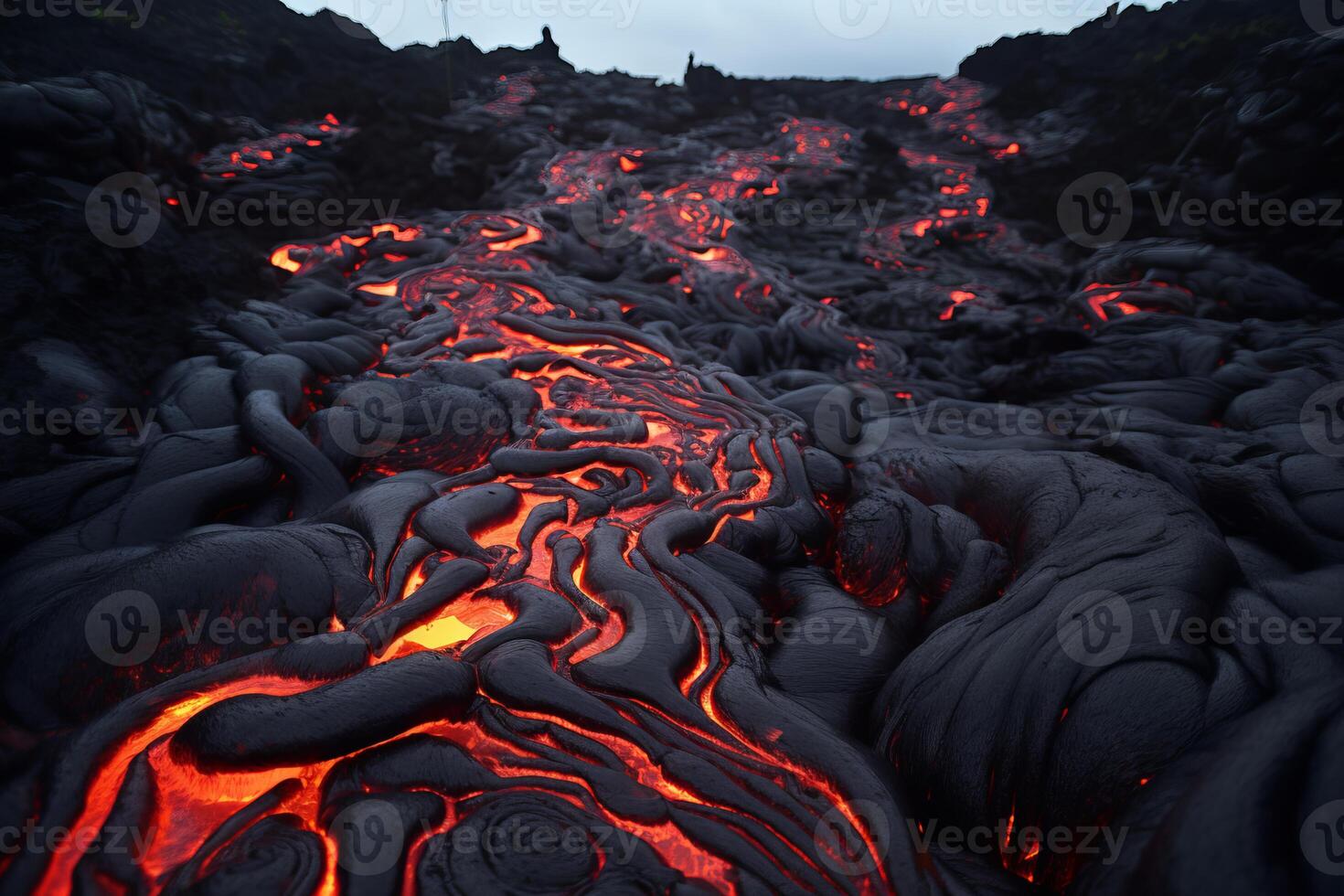 AI generated Lava flows carving new paths through the land. Generative AI photo