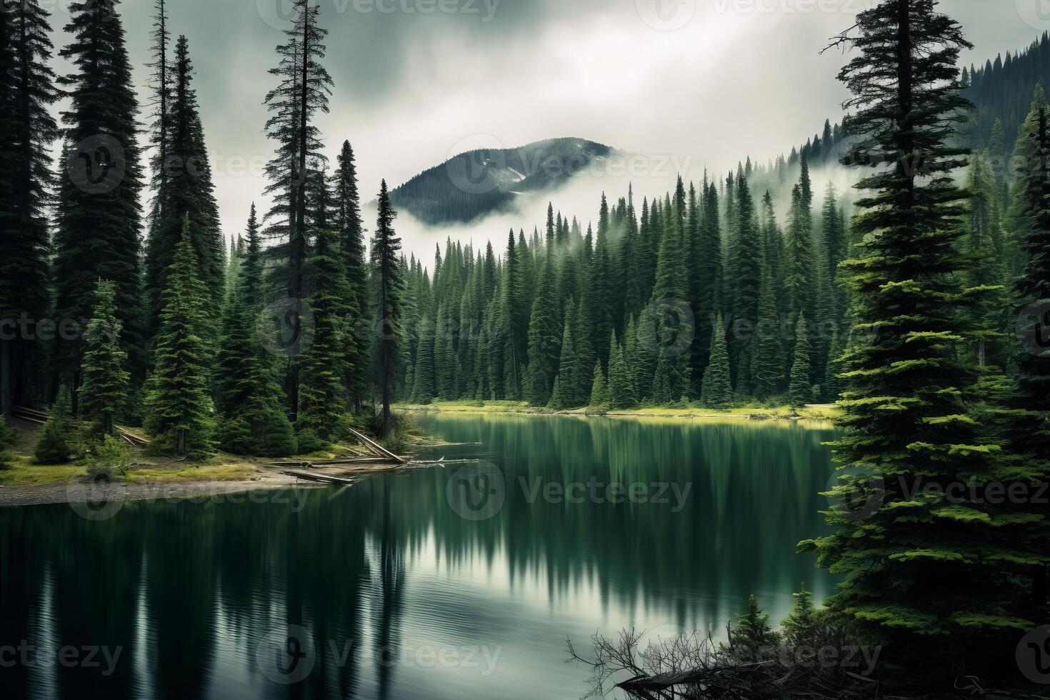 AI generated Majestic evergreen trees lining a serene lake. Generative AI photo