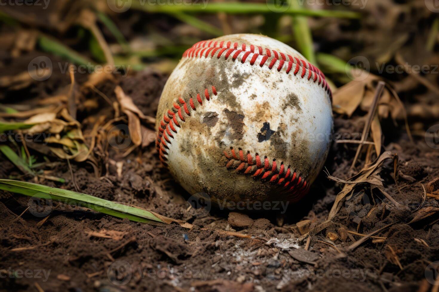 ai generado béisbol cubierto en suciedad y césped manchas generativo ai foto