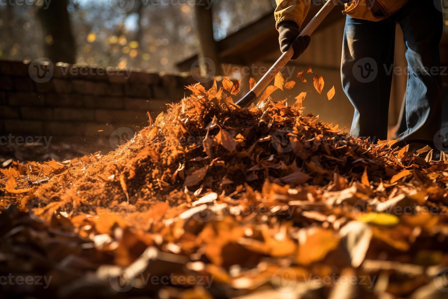 AI generated A dynamic shot of leaves being raked into a neat pile. Generative AI photo