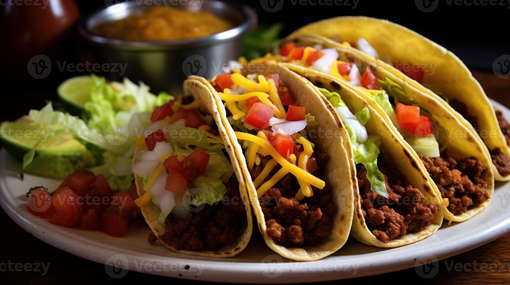AI generated Greasy and flavorful beef tacos with seasoned ground beef, cheese, and salsa. Generative AI photo