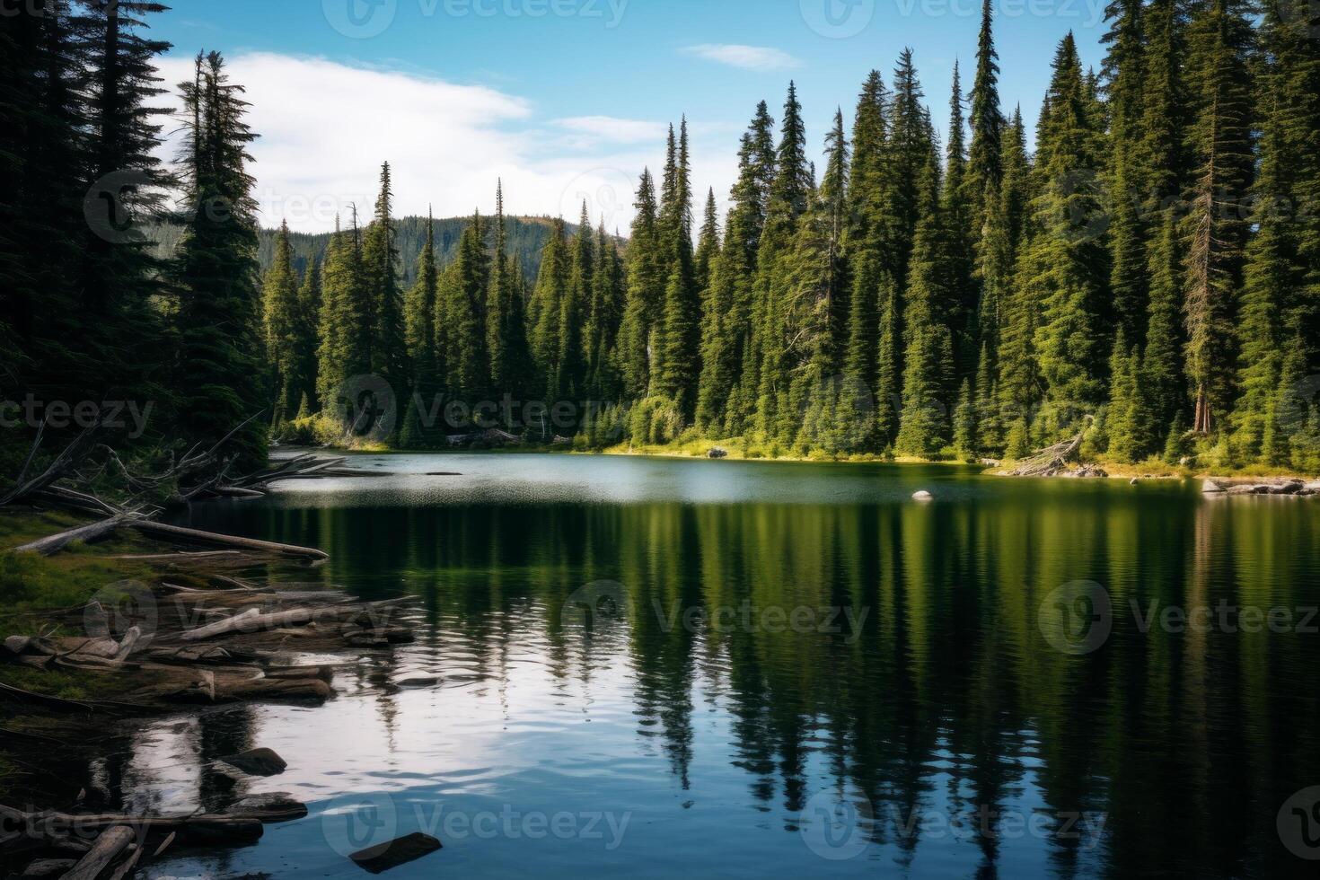 AI generated Tranquil lake nestled among a dense forest of evergreen trees. Generative AI photo