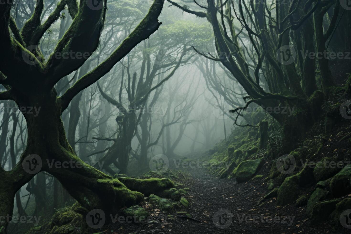 AI generated Mystical forest shrouded in fog, evoking an ethereal atmosphere. Generative AI photo