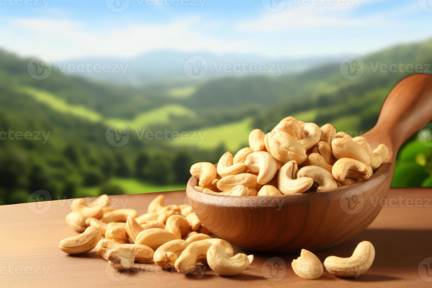 AI generated Cashews in a wooden scoop against a natural backdrop. Generative AI photo
