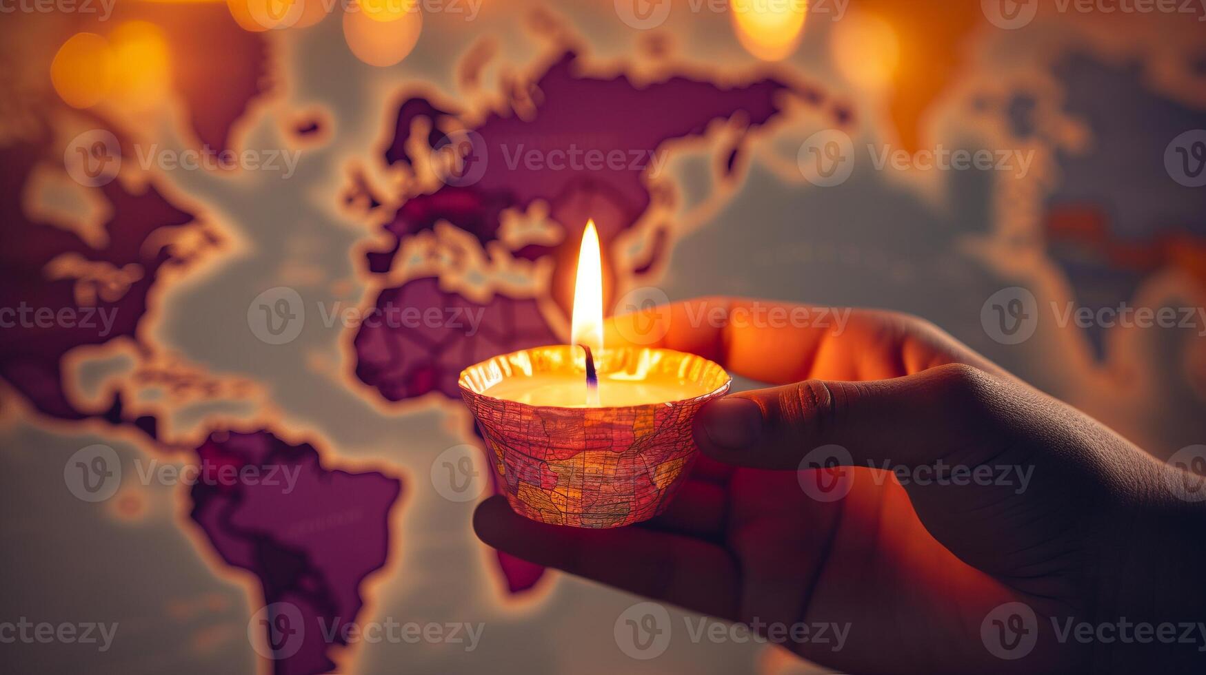 AI generated Close-up of a person's hand placing a candle on a world map. Generative AI photo