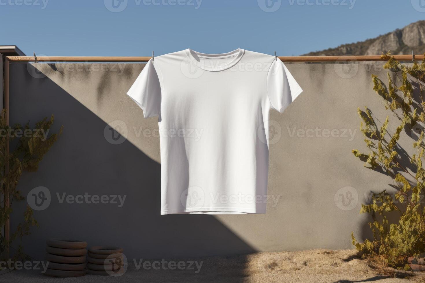 AI generated Plain white t-shirt hanging on a clothesline. Generative AI photo