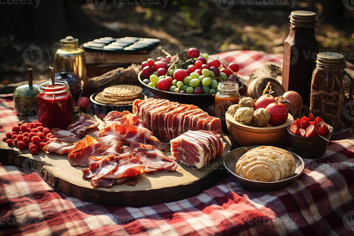 AI generated A rustic picnic featuring a variety of bacon wrapped treats. Generative AI photo