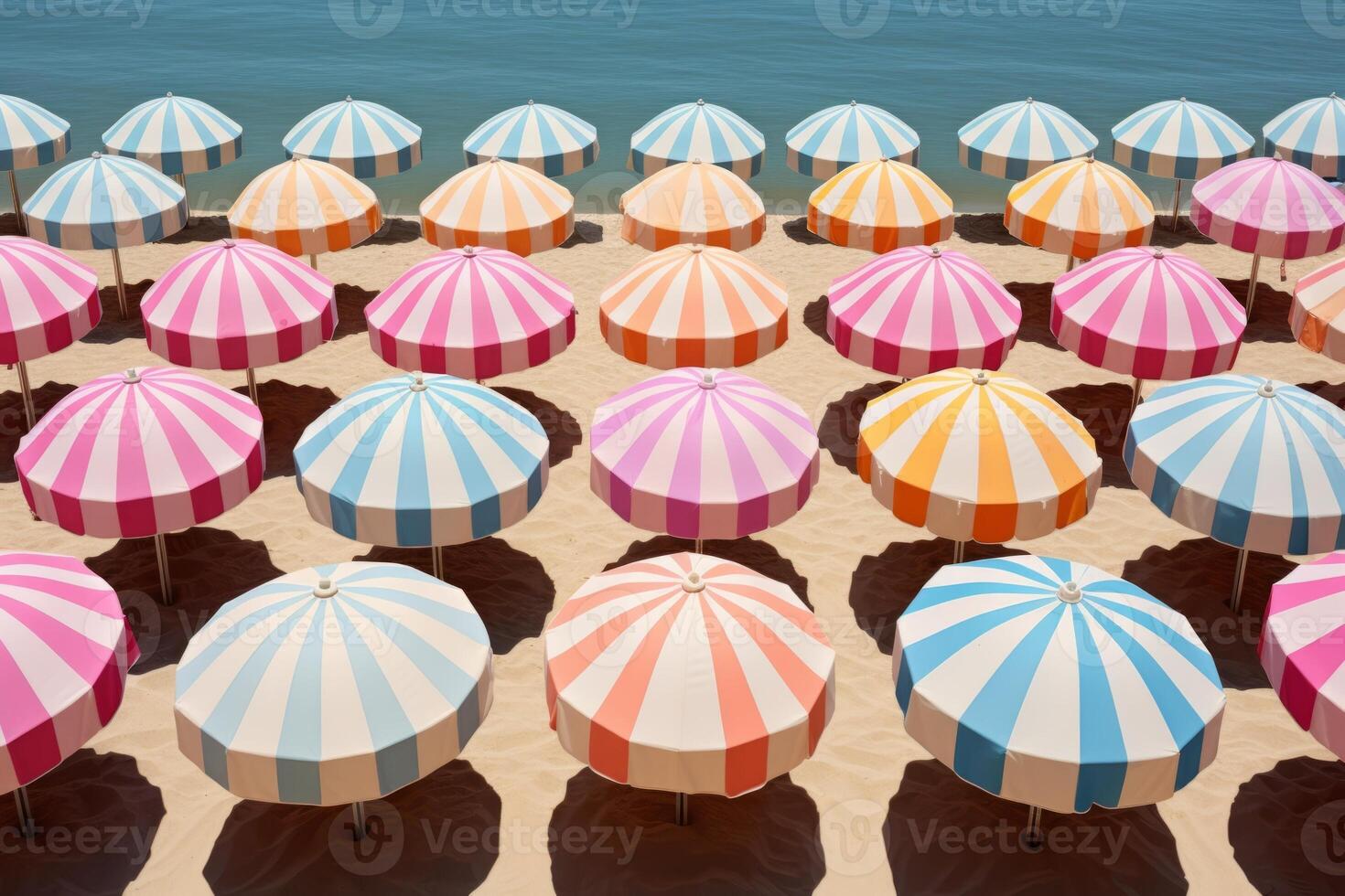 AI generated A perfectly aligned row of colorful beach umbrellas. Generative AI photo