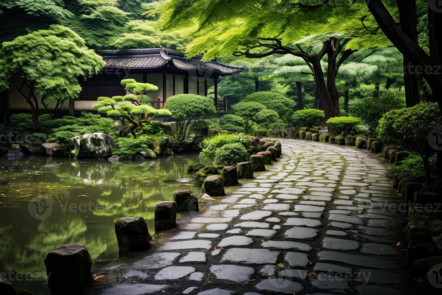 AI generated A road through a tranquil Japanese garden, exuding serenity. Generative AI photo