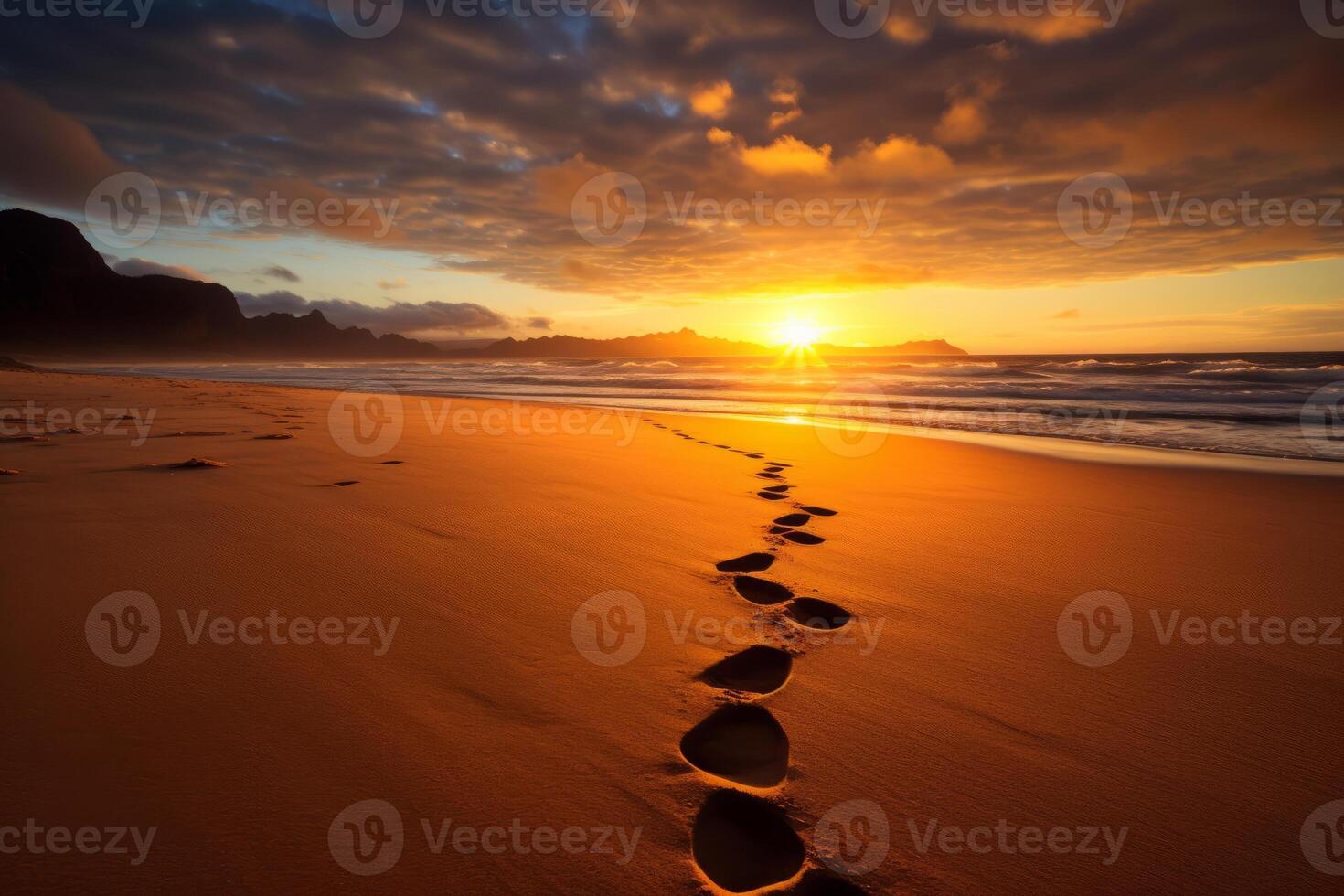 AI generated Footprints in the sand leading towards the sunrise. Generative AI photo