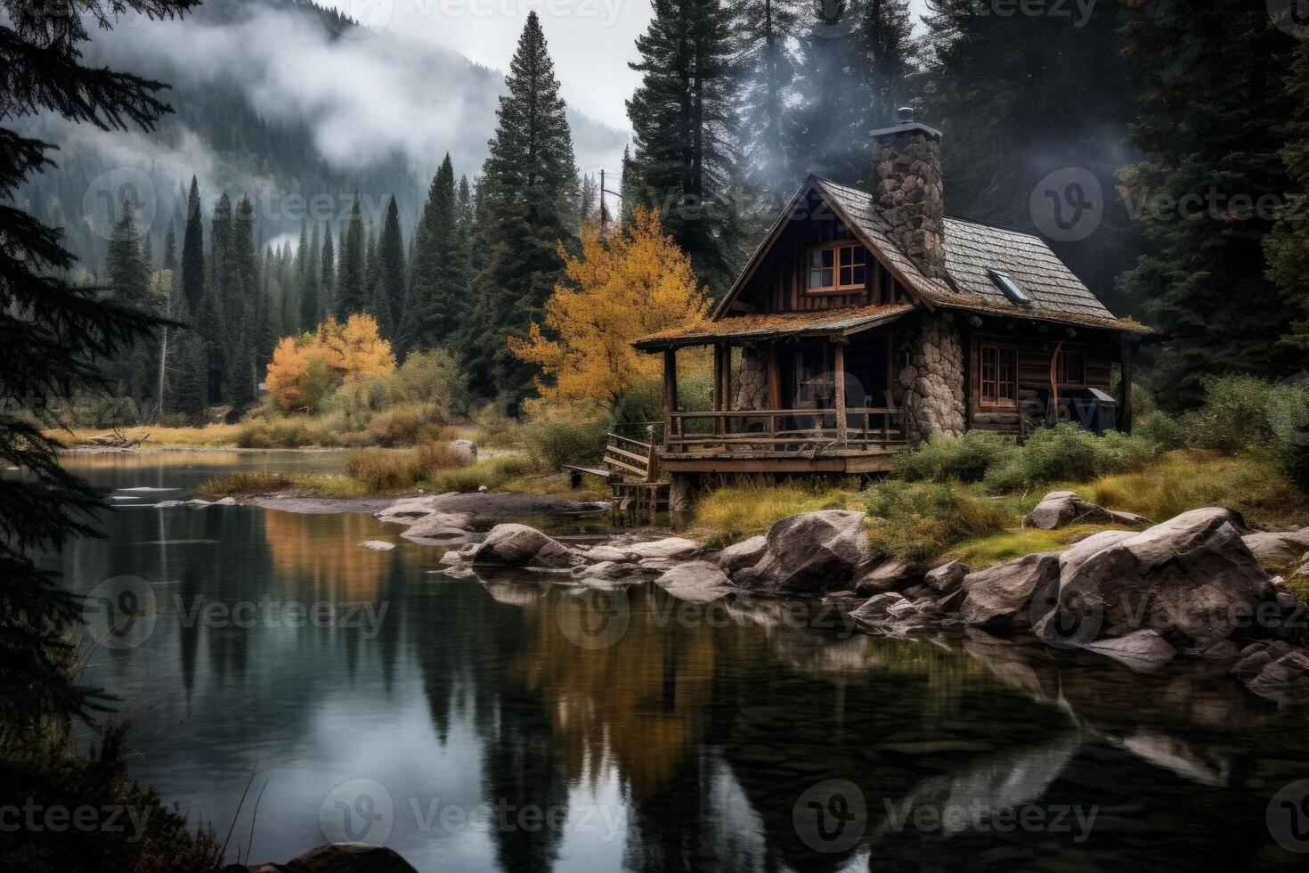AI generated Rustic cabin nestled in a picturesque landscape. Generative AI photo