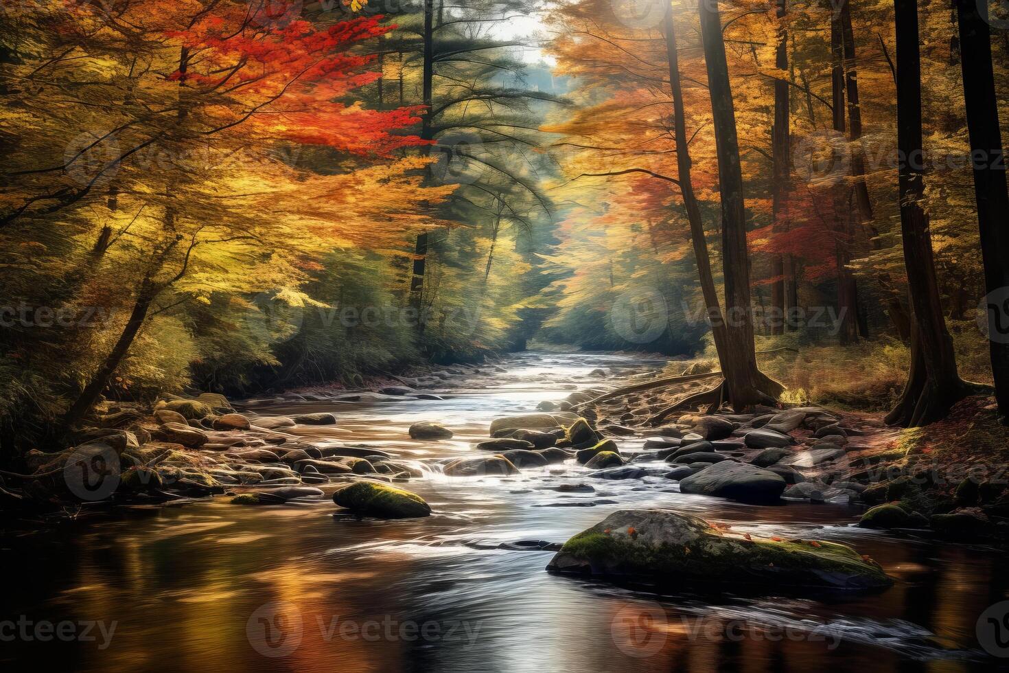 AI generated A tranquil scene of a peaceful river winding through an autumn forest. Generative AI photo