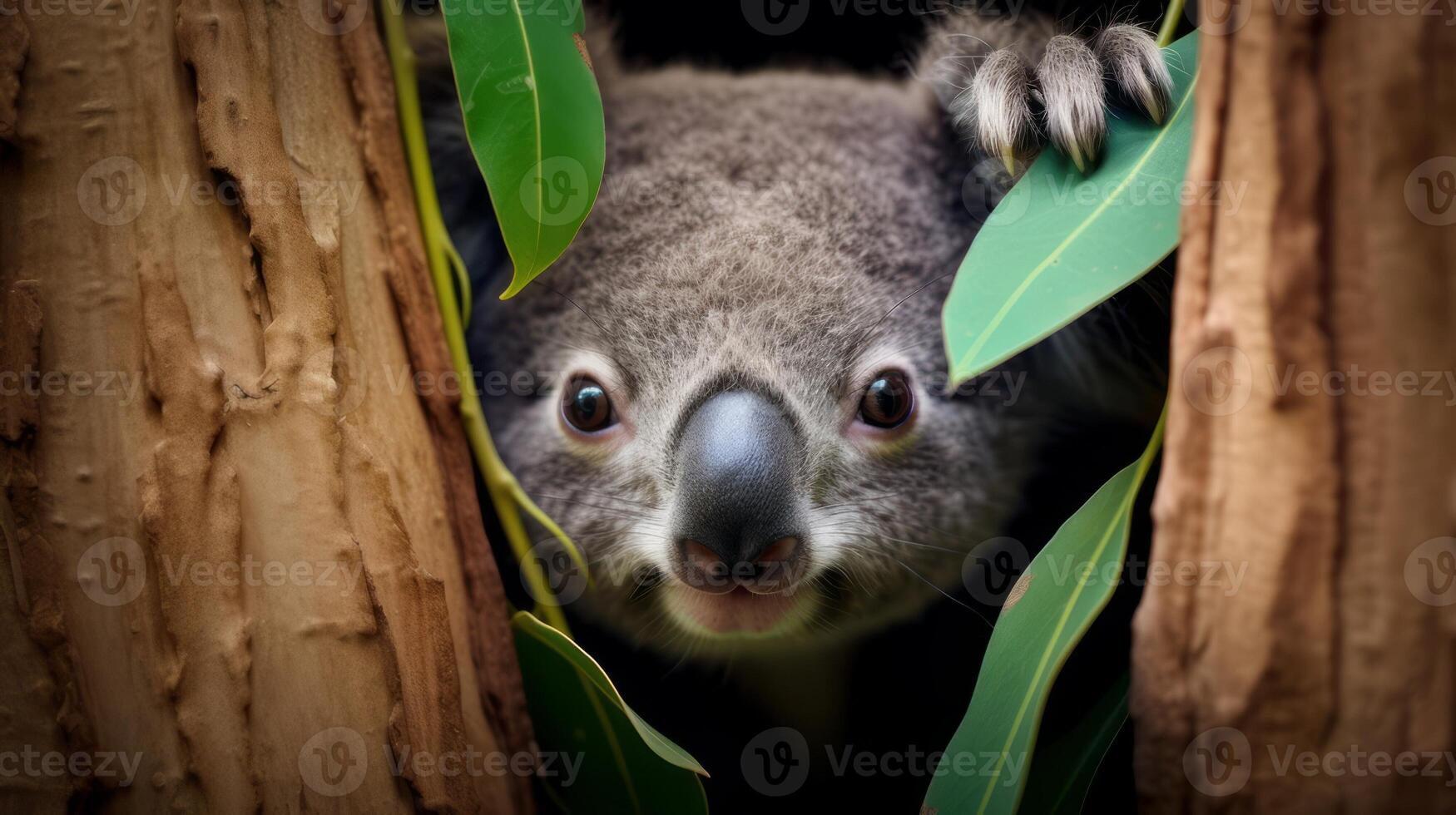 AI generated A koala is peeking out from behind a tree. Generative AI photo