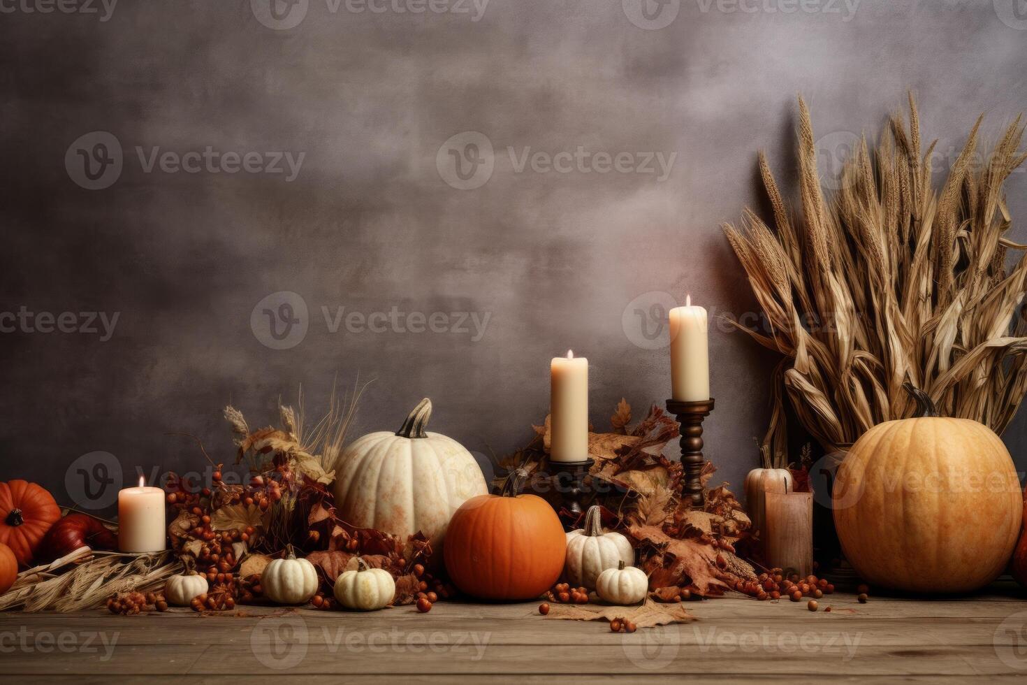 AI generated Fall tabletop mockup with pumpkins, candles, and fall-themed decorations. Generative AI photo