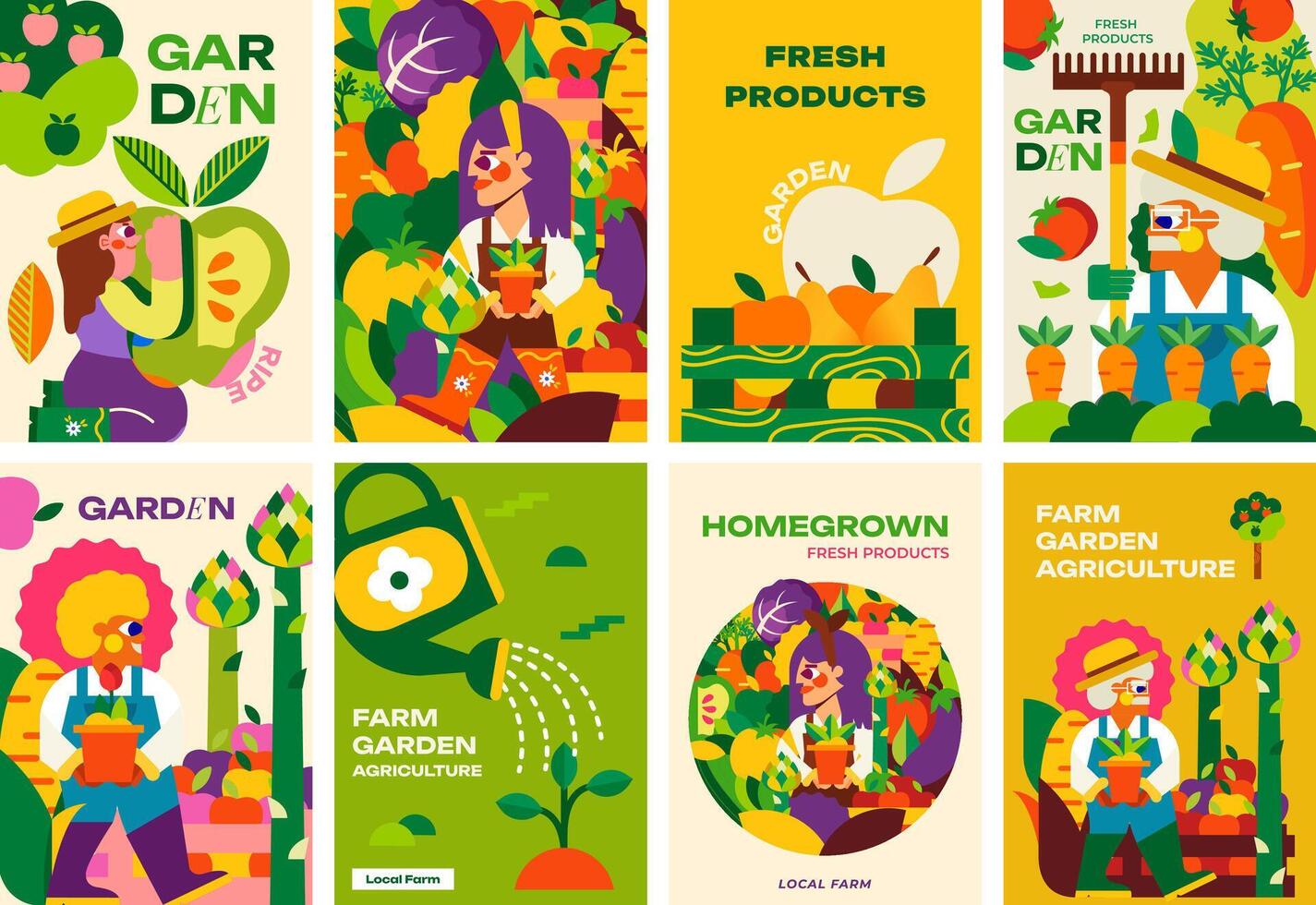 Collection of 8 Posters. Garden, farm and agriculture. Bright illustrations of gardeners, farmers, nature, harvest. Great for advertising, poster, background or card. vector