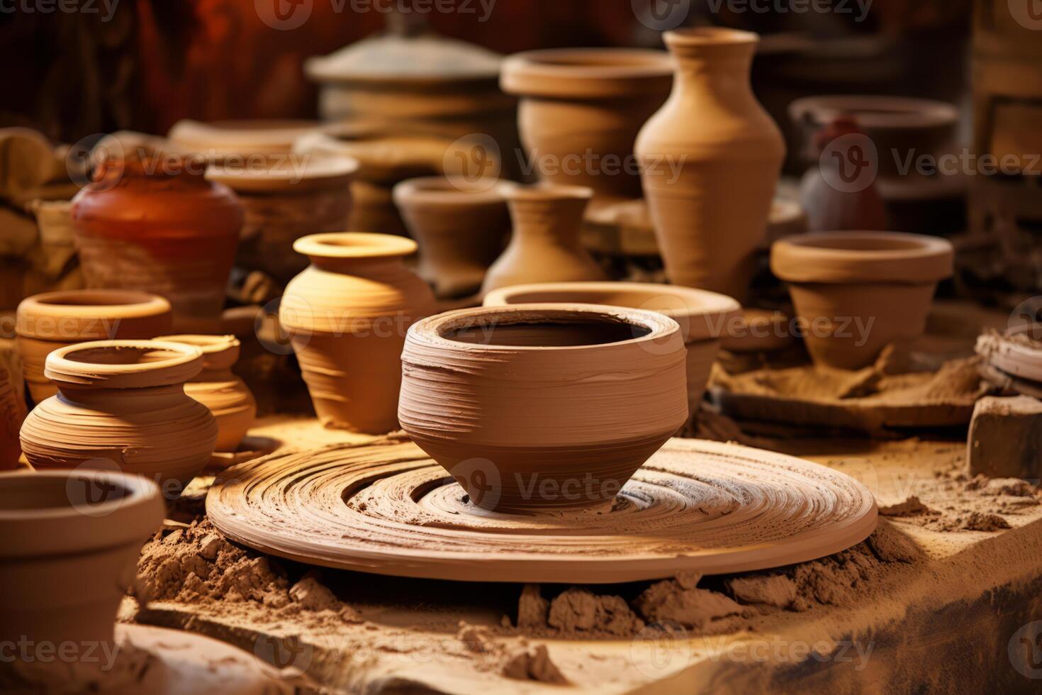 AI generated A potter's wheel with clay pots waiting for the potter's skilled hands. Generative AI photo