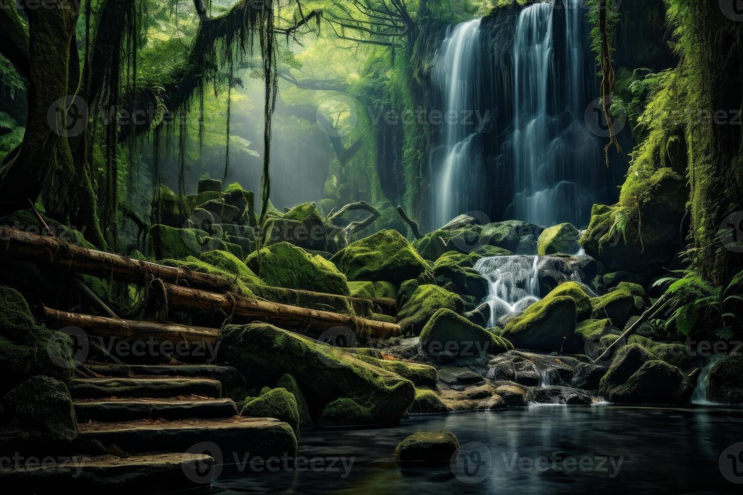 AI generated Enchanted forest with a small waterfall cascading over mossy rocks. Generative AI photo