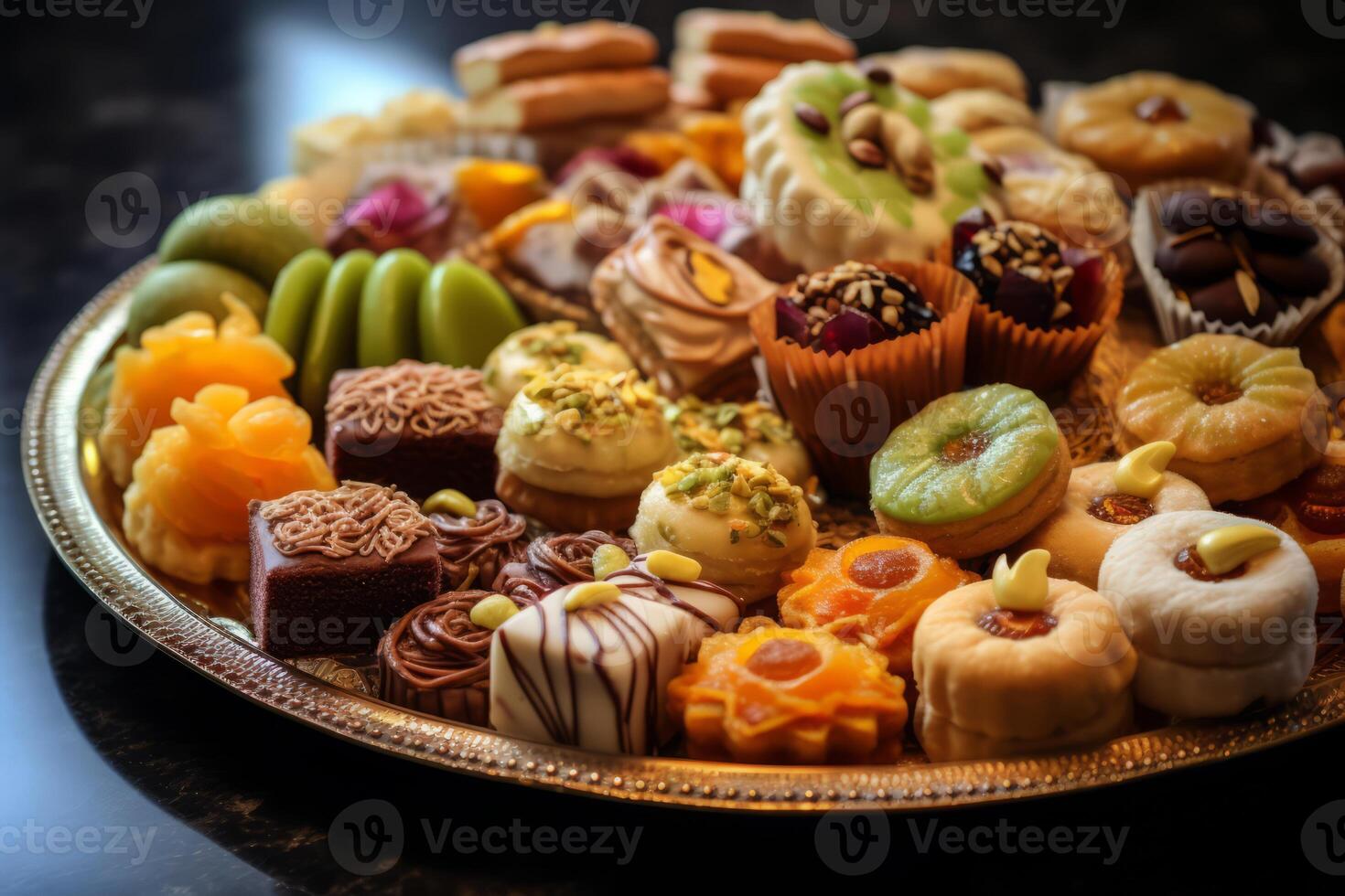 AI generated A close-up of Eid Al-Fitr sweets and pastries. Generative AI photo