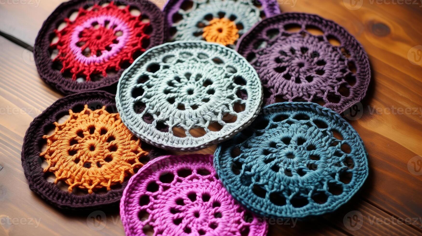 AI generated Crocheted coasters in intricate pattern. Generative AI photo