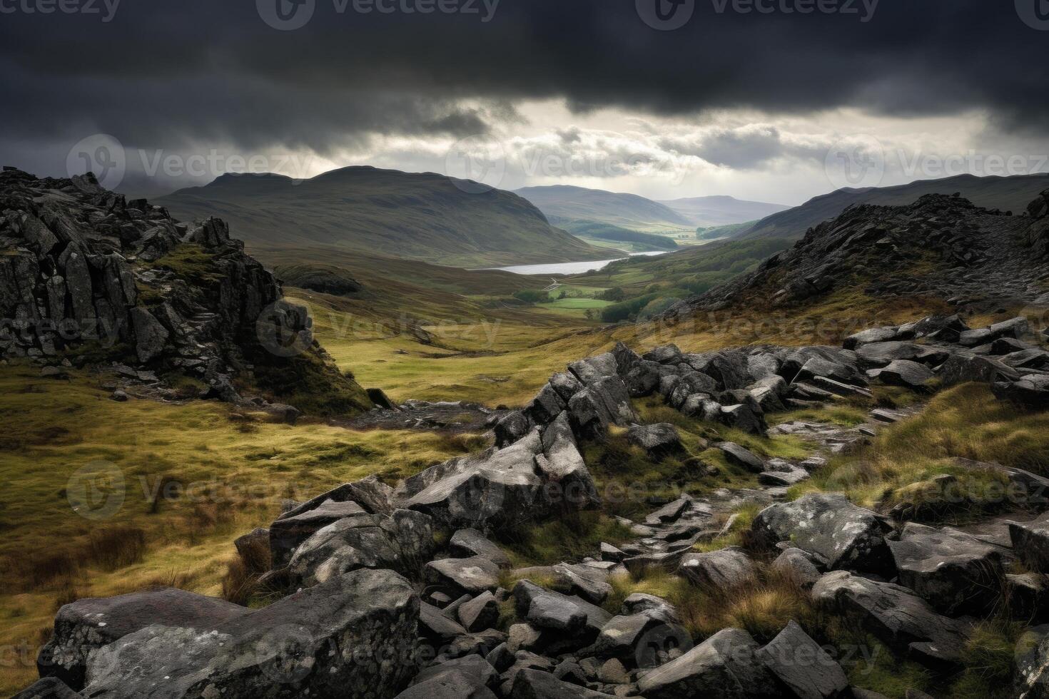 AI generated Breathtaking mountain landscape with rocky terrain and lush green grass in the foreground. Generative AI photo