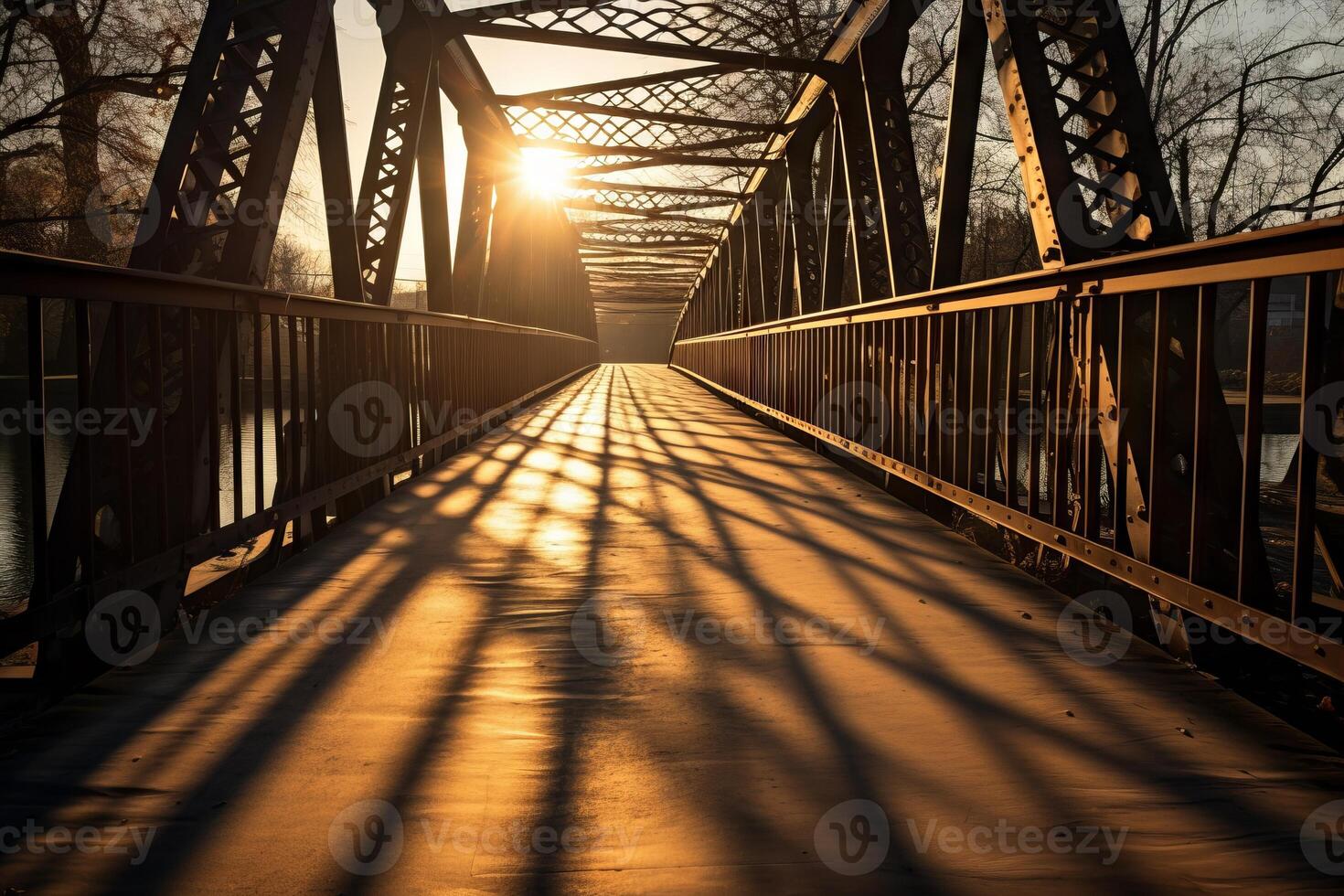 AI generated Sunlight casting long shadows on a bridge. Generative AI photo